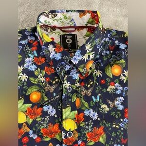 Fried Denim Shirt Mens Large Blue Slim Tech Button Up Floral Citrus Butterfly